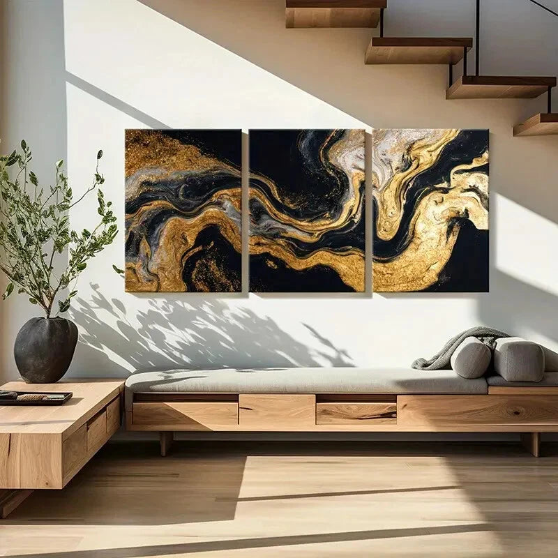 3pcs Abstract Golden Black White Swirls Art Metal Print Ready to Hang Art - Bella Home Decor