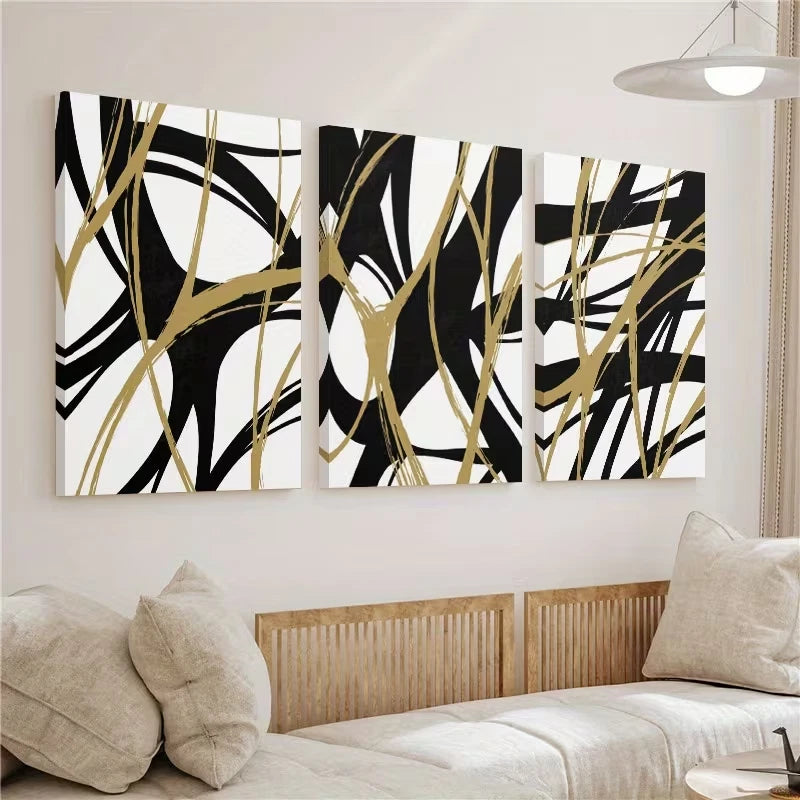 3pcs Abstract black and Golden line Wall Art Set Canvas Framed 60x90cm - High Quality Print 100% Australian Made Wall Canvas Ready to Hang