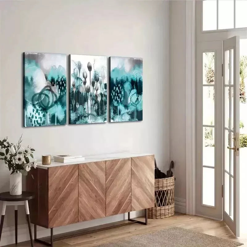 3pcs Turquoise Abstract Wall Art Set Canvas Framed 50x70cm - High Quality Print 100% Australian Made Wall Canvas Ready to Hang