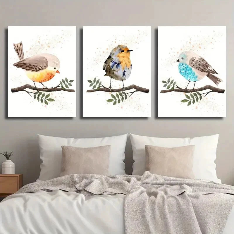 3pcs Watercolor Style Cute Little Bird Metal Print Ready to Hang Art