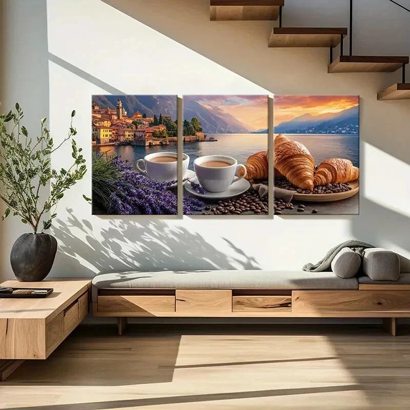 3pcs Morning Serenity Croissant Coffee Metal Print Ready to Hang Art - Bella Home Decor