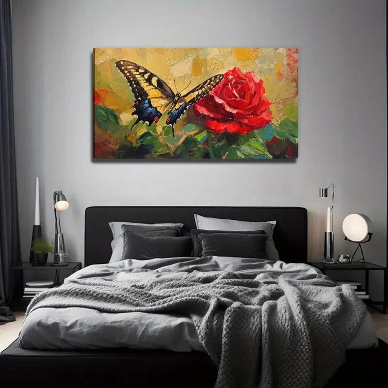 Butterfly Red Rose Decor Wall Art Canvas Office Home Room Framed 120x60cm