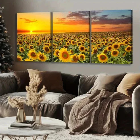3pcs Golden Sunset Fields with Sunflower Wall Art Set Canvas Unframed - High Quality Print 100% Australian Made Wall Canvas - Bella Home Decor