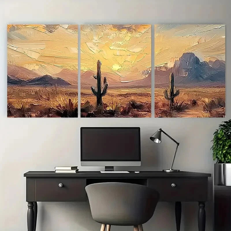 3pcs Desert Sunset Cactus Mountain Southwest Metal Print Ready to Hang Art - Bella Home Decor