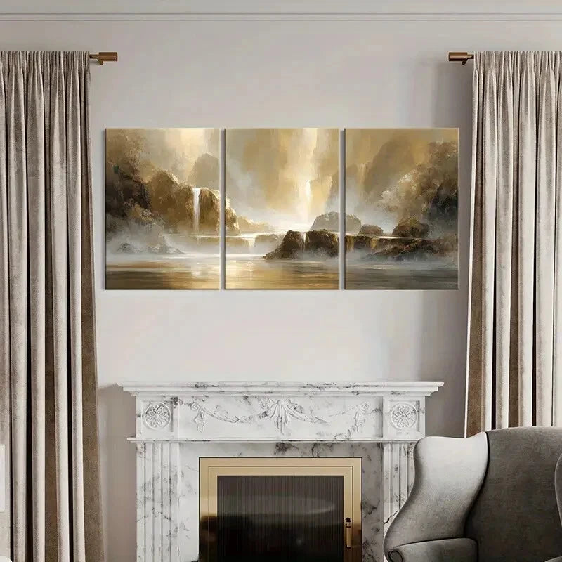 3pcs Golden Light Mountain Scenery Abstract Metal Print Ready to Hang Art - Bella Home Decor