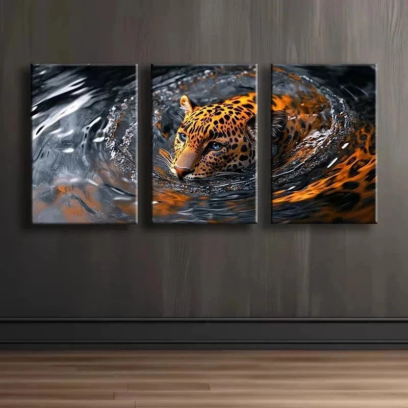 3pcs Luxurious swimming leopard Metal Print Ready to Hang Art