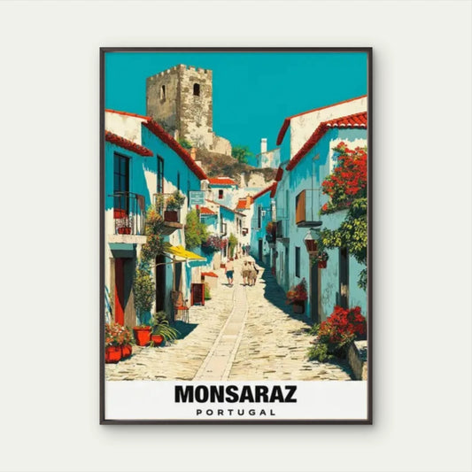 Mondeaux Flowage Portugal Vibrant Blue & White Travel Poster Print Wall Art