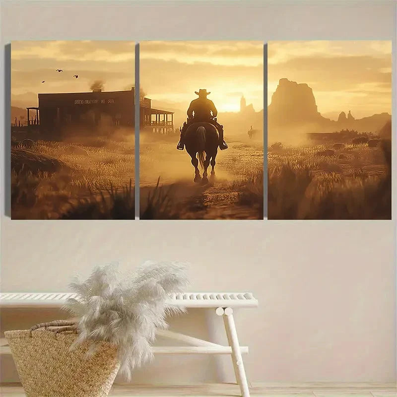 3pcs Western Cowboy Adventure Poster Wall Art Set Canvas Framed 60x90cm - High Quality Print 100% Australian Made Wall Canvas Ready to Hang - Bella Home Decor