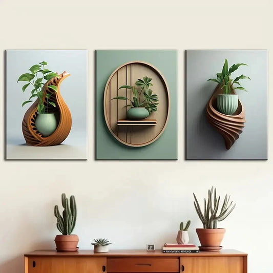 3pcs Designed with Plant Vase, Metal Print Ready to Hang Art