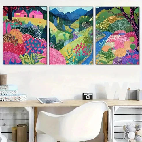 3pcs Colorful Countryside Flowers Hills Wall Art Set Canvas Unframed - High Quality Print 100% Australian Made Wall Canvas - Bella Home Decor