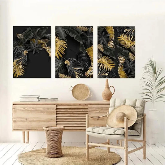3pcs Golden Tropical Botanical Metal Print Ready to Hang Art