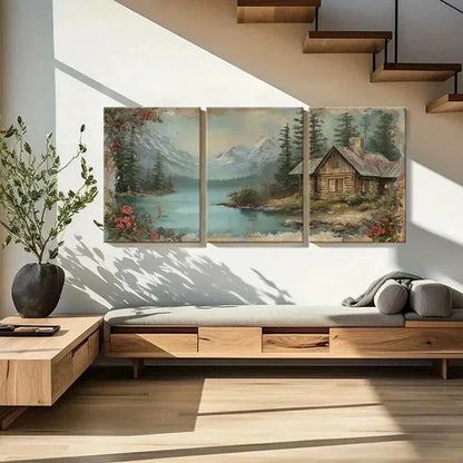 3pcs Rustic Log Cabin Lake View Snowy Mountains Wall Art Canvas Unframed - High Quality Print 100% Australian Made Wall Canvas