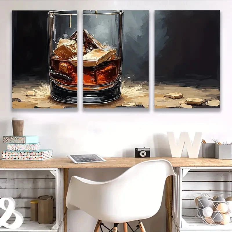 3pcs Golden Whiskey Glass Canvas Painting Wall Art Set Canvas Framed 40x60cm - High Quality Print 100% Australian Made Wall Canvas Ready to Hang - Bella Home Decor