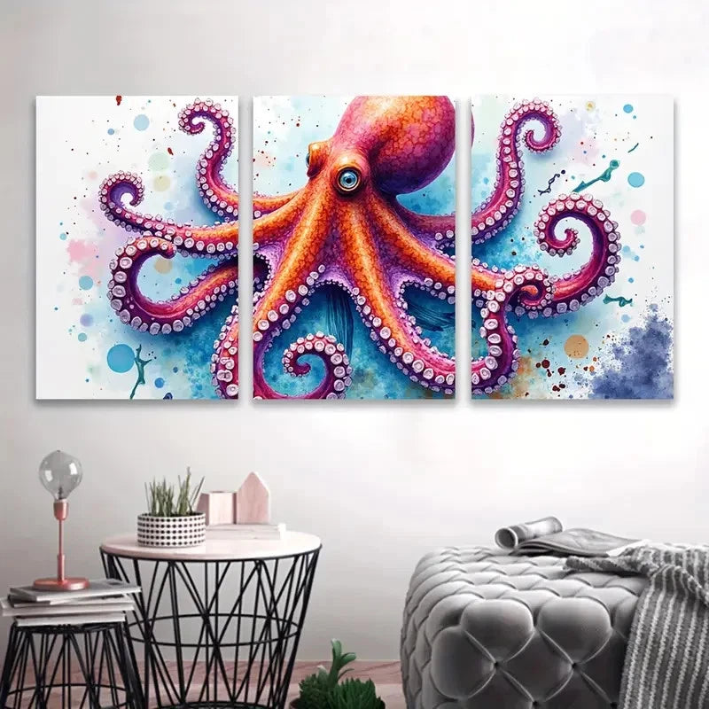 3pcs Octopus Watercolor Scene Wall Art Set Canvas Framed 40x60cm - High Quality Print 100% Australian Made Wall Canvas Ready to Hang