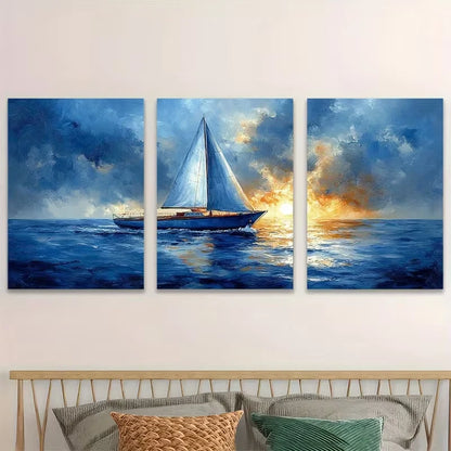 3pcs Nautical Ocean Sailing Blue Indigo Decor Wall Art Set Canvas Framed 40x60cm - High Quality Print 100% Australian Made Wall Canvas Ready to Hang