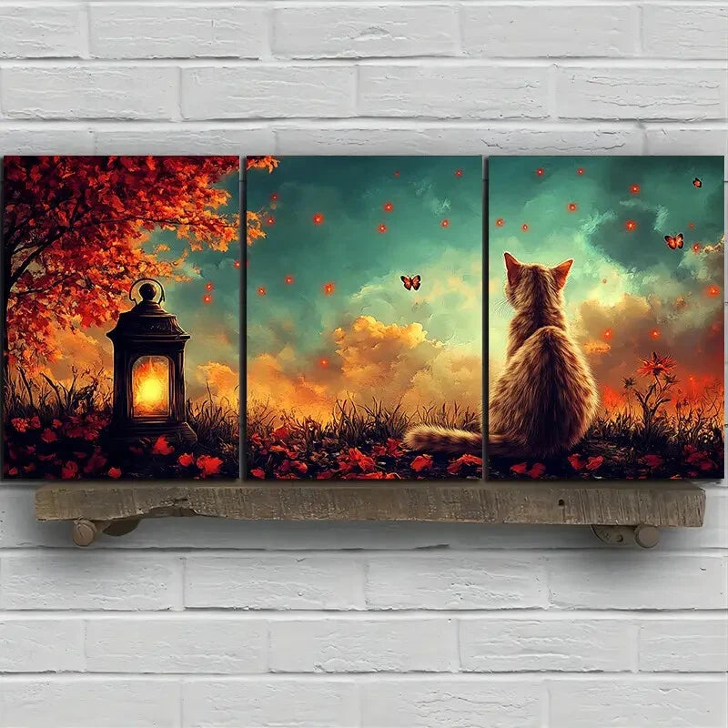 3pcs Red Florals Kitten And Lantern Metal Print Ready to Hang Art - Bella Home Decor