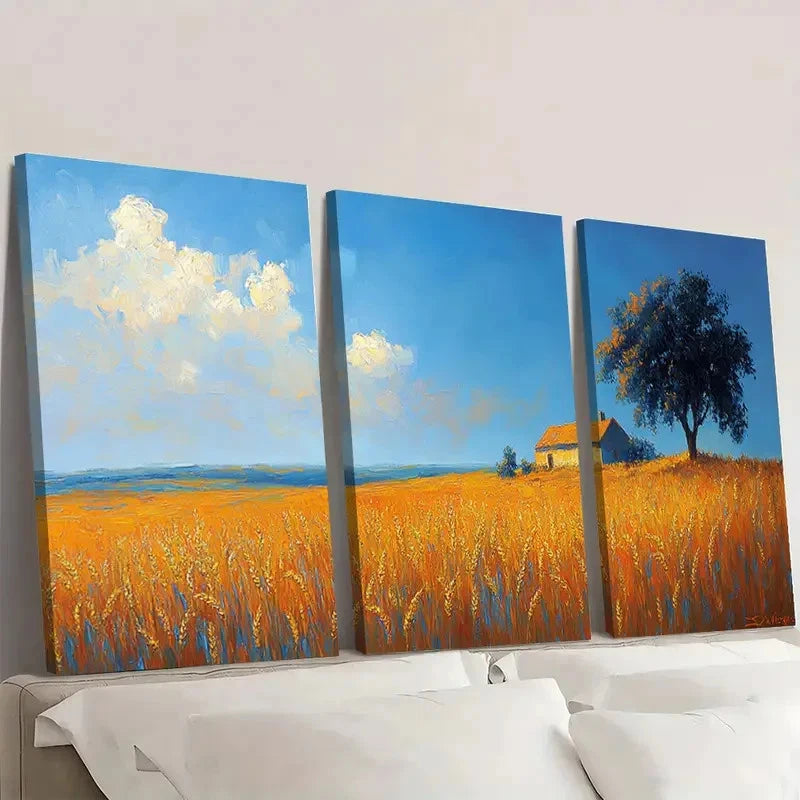 3pcs Van Gogh Wheat Field Blue & Golden Art Wall Art Set Canvas Framed 50x70cm - High Quality Print 100% Australian Made Wall Canvas Ready to Hang