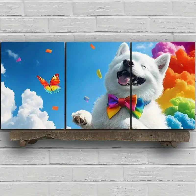3pcs The Smiling Dog Under The Rainbow Metal Print Ready to Hang Art - Bella Home Decor