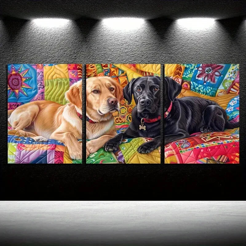 3pcs Vibrant Dogs on Quilted Bedroom Design Metal Print Ready to Hang Art