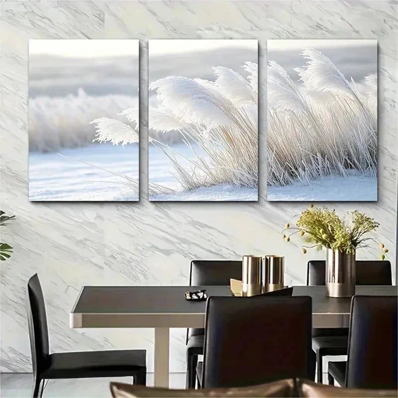3pcs Grass Winter Scene Nature Photography S  Wall Art Set Canvas Framed 40x60cm - High Quality Print 100% Australian Made Wall Canvas Ready to Hang