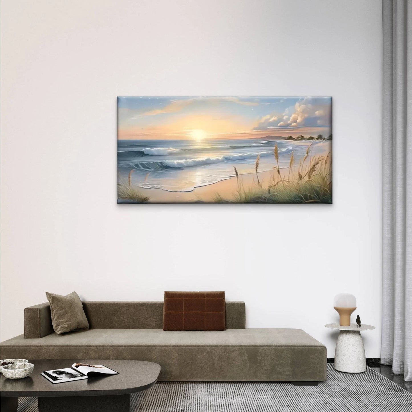 Beach Waves Grass Sunset Wall Art Canvas Office Home Room Framed 120x60cm - Bella Home Decor