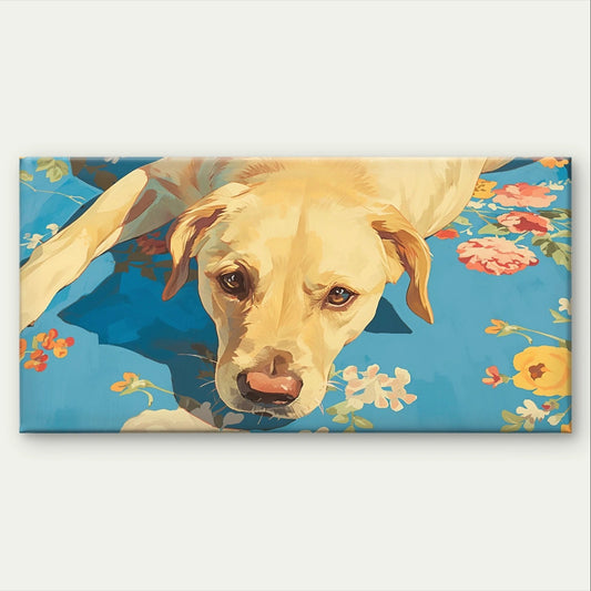 Cute Yellow Labrador Dog on Blue Mat Wall Art Canvas Office Home Framed 120x60cm