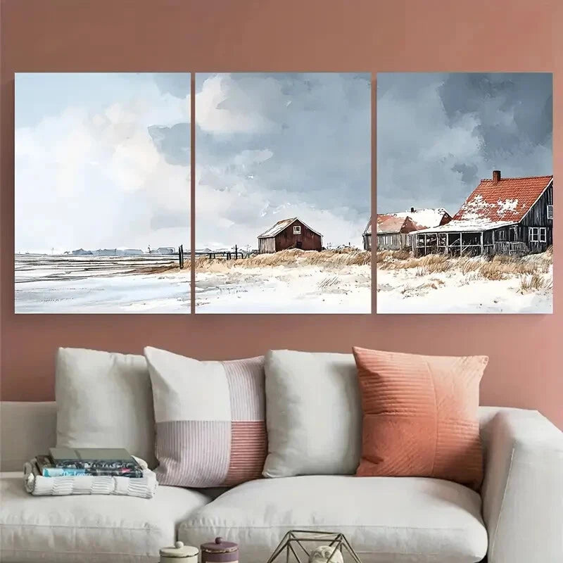 3pcs Horsens Denmark Travel Snow-Covered Houses Metal Print Ready to Hang Art - Bella Home Decor
