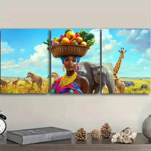 3pcs Fruit on the heads of African beauties  Wall Art Set Canvas Unframed - High Quality Print 100% Australian Made Wall Canvas - Bella Home Decor