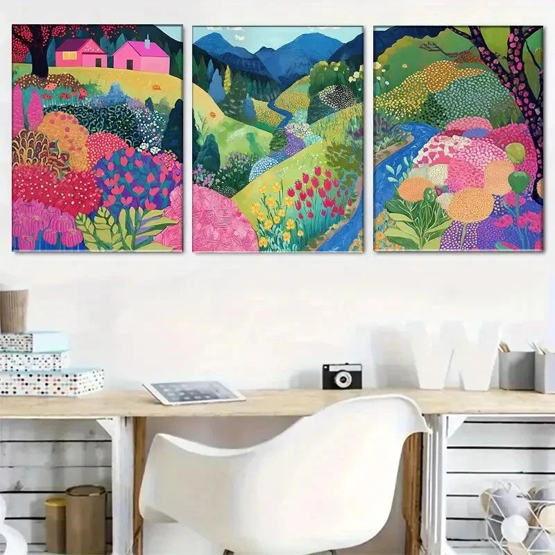 3pcs Colorful Countryside Flowers Hills Perfect Wall Art Set Canvas Framed 40x60cm - High Quality Print 100% Australian Made Wall Canvas Ready to Hang - Bella Home Decor