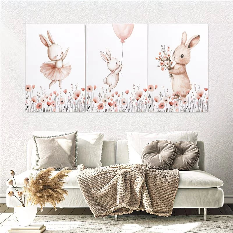 3pcs Pink Bunny with Wildflowers Wall Art Set Canvas Framed 50x70cm – High Quality Print, 100% Australian Made Wall Canvas, Ready to Hang