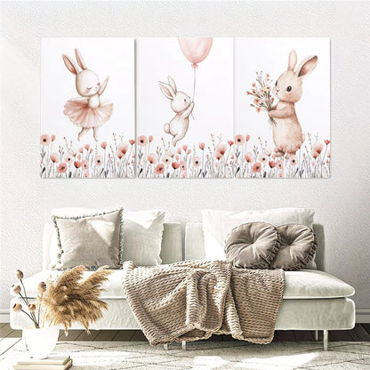 3pcs Pink Bunny with Wildflowers Wall Art Set Canvas Framed 50x70cm – High Quality Print, 100% Australian Made Wall Canvas, Ready to Hang