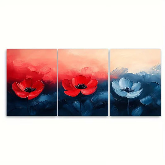 3pcs Vibrant Abstract Red and Blue Brushstroke Metal Print Ready to Hang Art