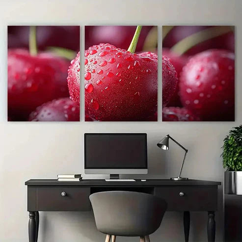 3pcs Ripe Cherry Juicy Fruit Illustration Wall Art Set Canvas Unframed - High Quality Print 100% Australian Made Wall Canvas