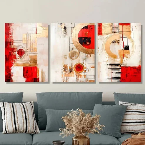 3pcs Red Abstract Geometry, Modern Wall Art Set Canvas Unframed - High Quality Print 100% Australian Made Wall Canvas