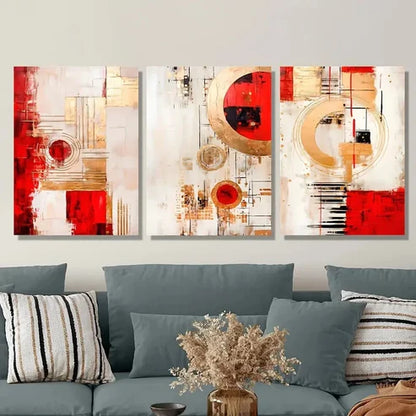 3pcs Red Abstract Geometry, Modern Wall Art Set Canvas Unframed - High Quality Print 100% Australian Made Wall Canvas