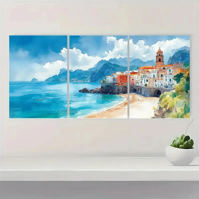 3pcs Atrani Italy Landscape Watercolor Triptych Metal Print Ready to Hang Art - Bella Home Decor