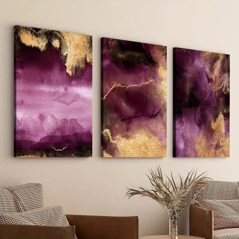 3pcs Golden Abstract Purple Elegant Modern Wall Art Set Canvas Unframed - High Quality Print 100% Australian Made Wall Canvas
