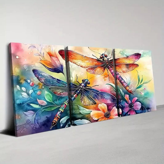 3pcs Vibrant Nature Dragonfly & Floral Paintings Art Set Canvas Framed 50x70cm - High Quality Print 100% Australian Made Wall Canvas Ready to Hang