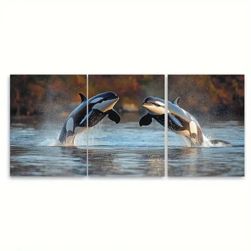 3pcs Orca Leaping Killer Whales in Ocean Sea Wall Art Canvas Unframed - High Quality Print 100% Australian Made Wall Canvas