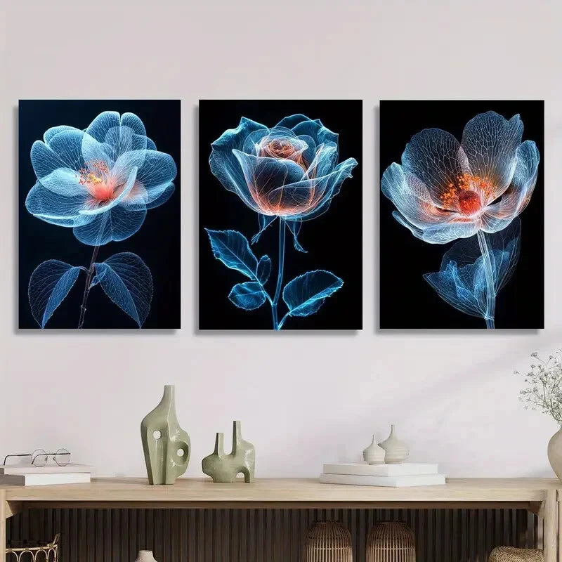 3pcs Blue Flower Illustration, Botanical Flower Metal Print Ready to Hang Art