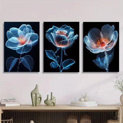 3pcs Blue Flower Illustration, Botanical Flower Metal Print Ready to Hang Art