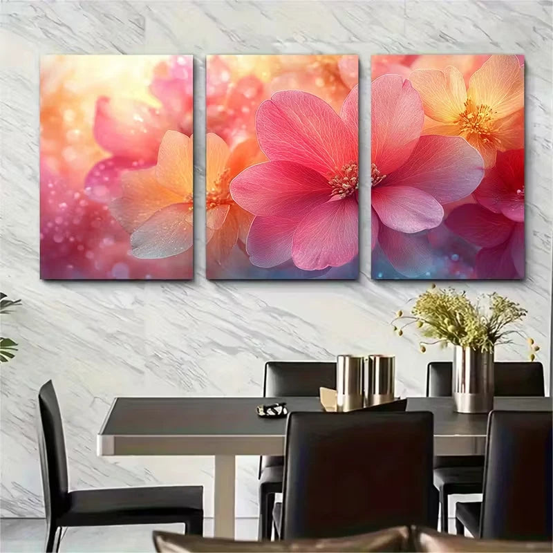 3pcs Vibrant Pink and Yellow Floral Abstract Metal Print Ready to Hang Art