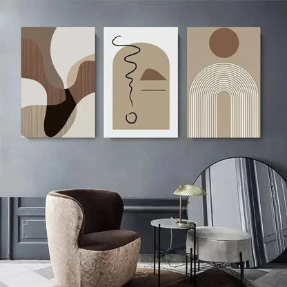 3pcs Abstract Beige Geometric Earth Tones Metal Print Ready to Hang Art - Bella Home Decor