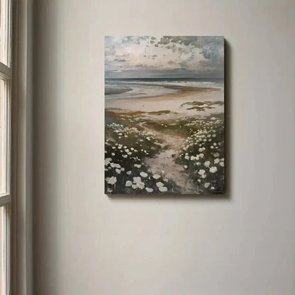 Serene Seashore Bliss With White Florals Painting 60x90cm Metal Print Ready to Hang