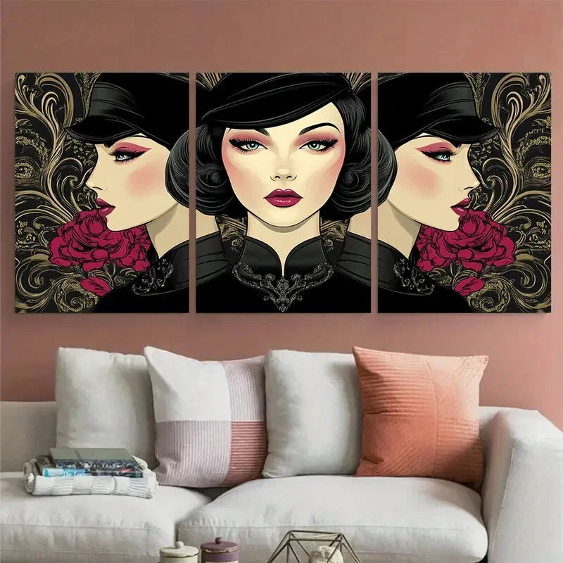 3pcs Glamour Fashion Woman Digital Illustration Metal Print Ready to Hang Art - Bella Home Decor