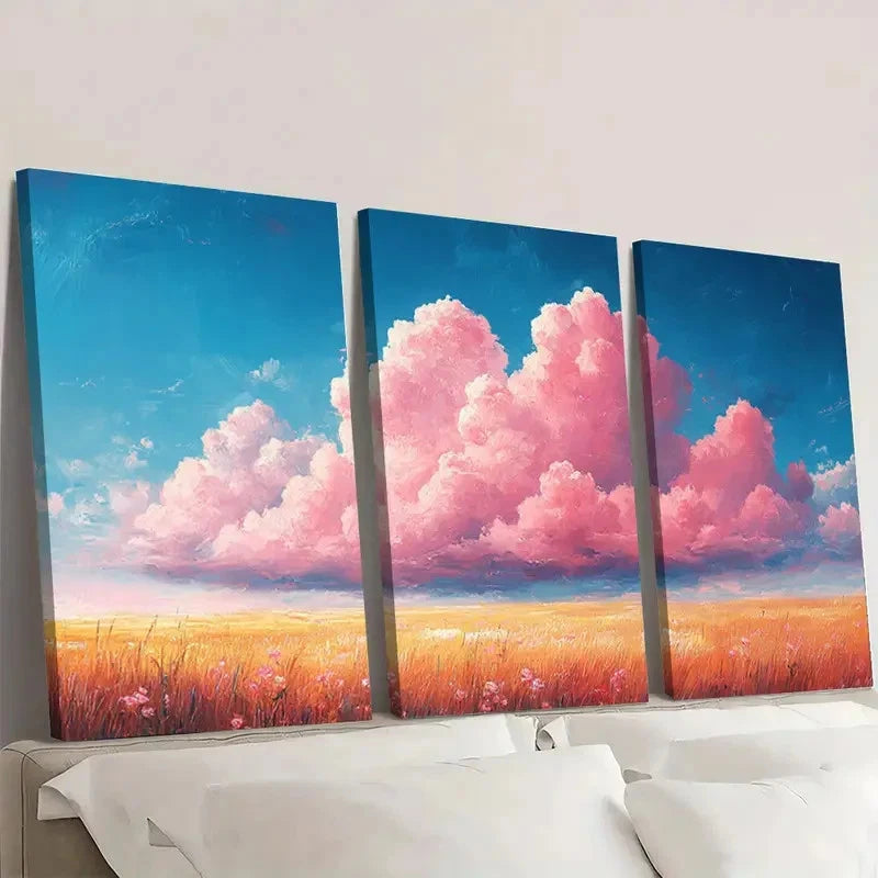 3pcs Vibrant Pink Clouds Landscape QA    Wall Art Set Canvas Framed 40x60cm - High Quality Print 100% Australian Made Wall Canvas Ready to Hang