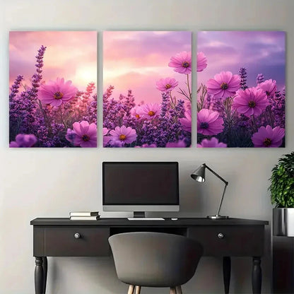 3pcs Pink Wildflowers Purple Skies Illustration Metal Print Ready to Hang Art - Bella Home Decor