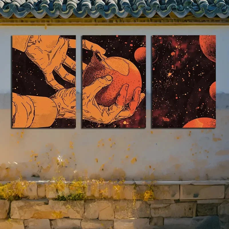 3pcs Vibrant Orange Hands Peeling Design Metal Print Ready to Hang Art - Bella Home Decor