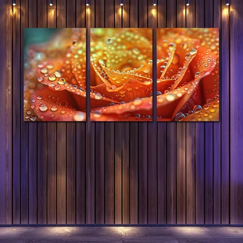3pcs Abstract Colorful Rose with Water Drops Metal Print Ready to Hang Art