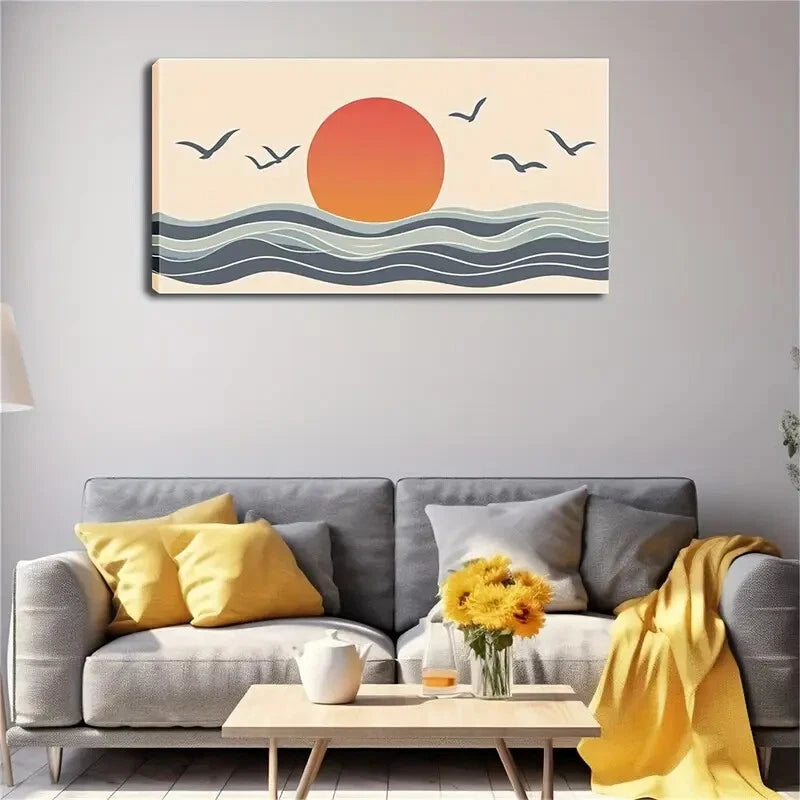 Sun Slowly Rises Around Seagull Wall Art Canvas Office Home Room Framed 120x60cm - Bella Home Decor